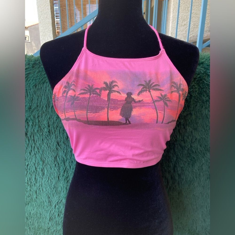Vintage 90s Medium Bright Pink Hula Dancer Tie Back Halter Swim Bikini Top